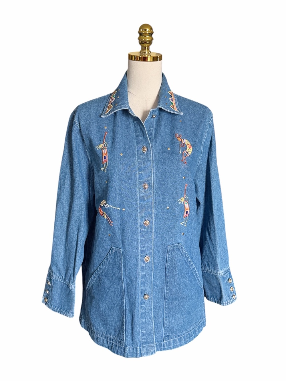Vintage 90s Y2K Southwestern Embroidered Denim Artsy Shirt Jacket Women Medium